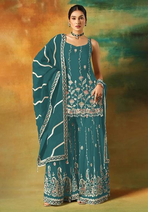 Rama Zari Sequence Embroidery Georgette Kurta Set With Dupatta