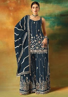 Navy Blue Zari Sequence Embroidery Georgette Kurta Set With Dupatta