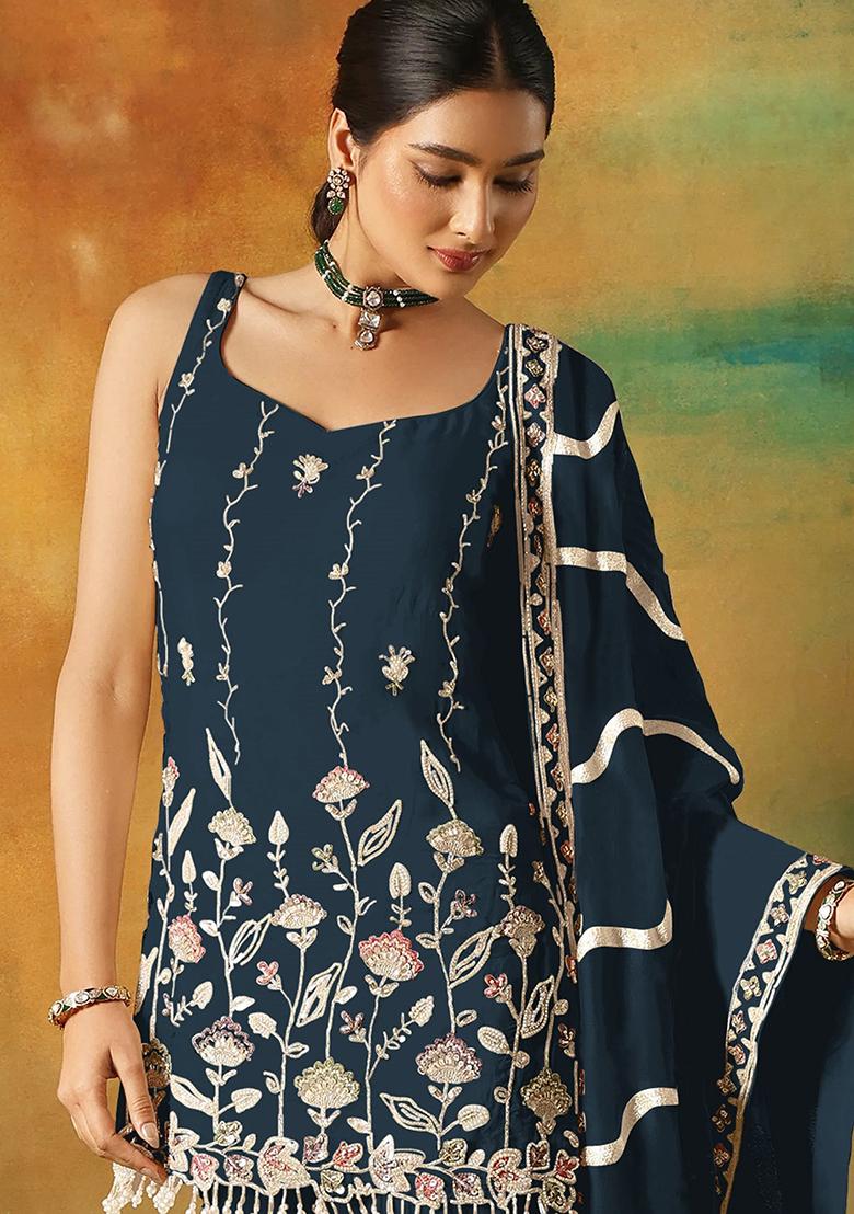 Navy Blue Zari Sequence Embroidery Georgette Kurta Set With Dupatta - Indya