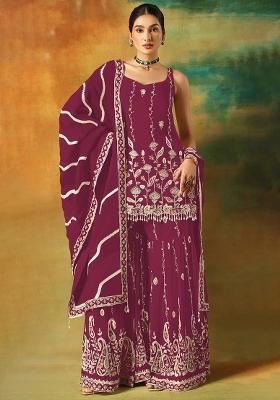 Maroon Zari Sequence Embroidery Georgette Kurta Set With Dupatta