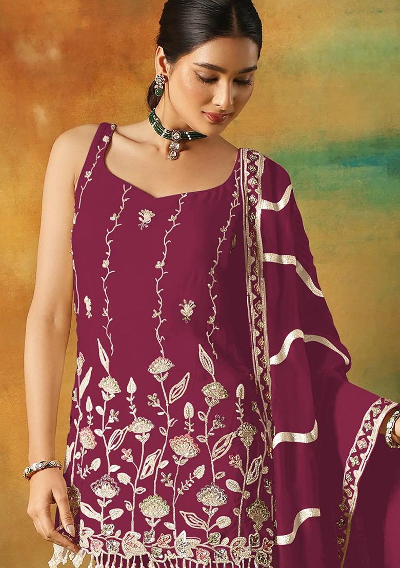 Maroon Zari Sequence Embroidery Georgette Kurta Set With Dupatta - Indya