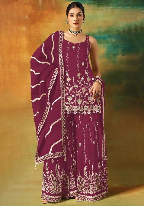 Maroon Zari Sequence Embroidery Georgette Kurta Set With Dupatta