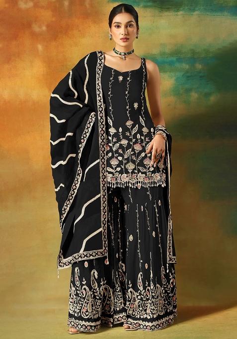 Black Zari Sequence Embroidery Georgette Kurta Set With Dupatta