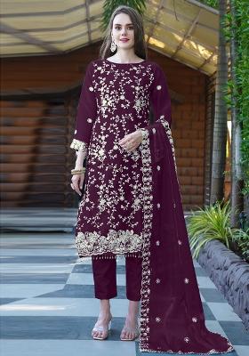 Wine Embroidered Organza Kurta Set With Dupatta