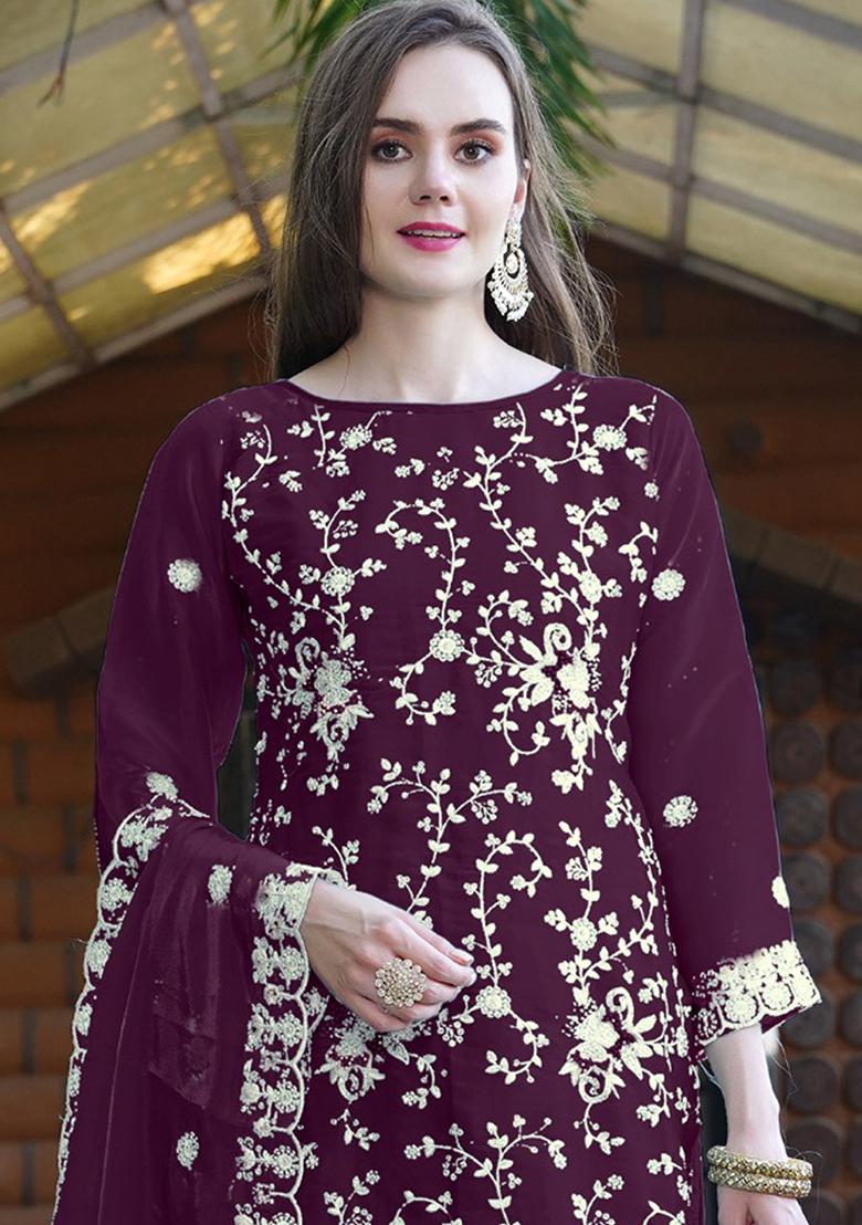 Wine Embroidered Organza Kurta Set With Dupatta - Indya