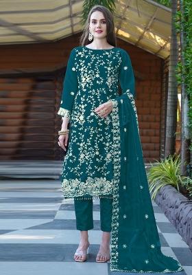 Teal Embroidered Organza Kurta Set With Dupatta