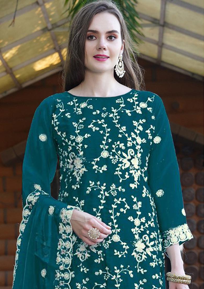 Teal Embroidered Organza Kurta Set With Dupatta - Indya