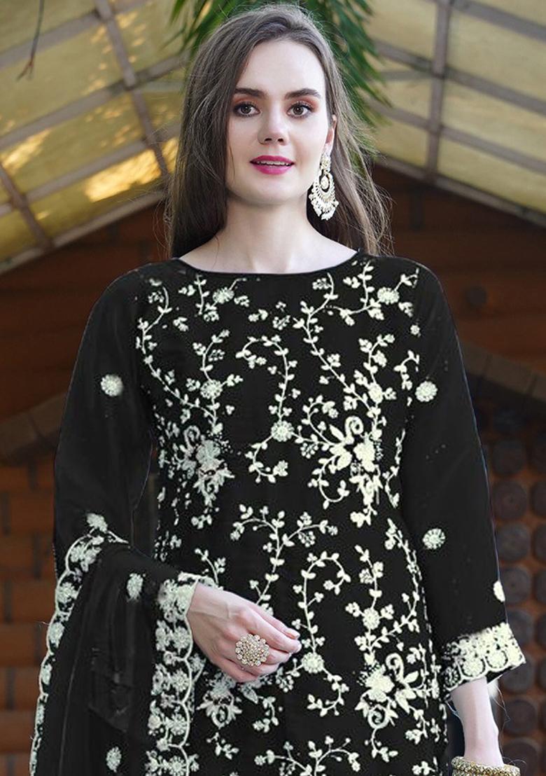 Black Embroidered Organza Kurta Set With Dupatta - Indya