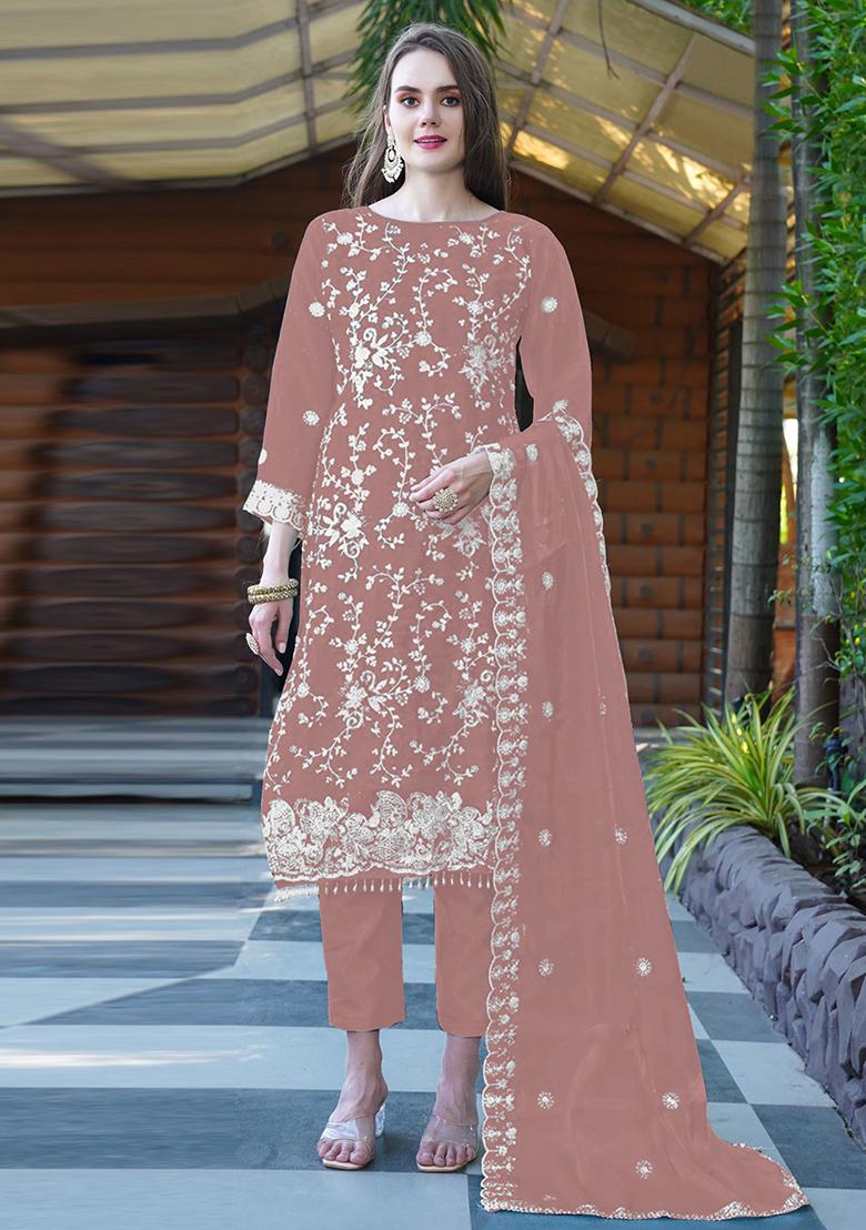 Peach Embroidered Organza Kurta Set With Dupatta