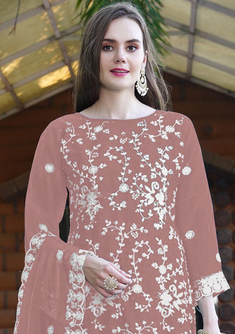 Peach Embroidered Organza Kurta Set With Dupatta