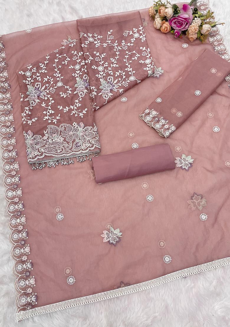 Peach Embroidered Organza Kurta Set With Dupatta