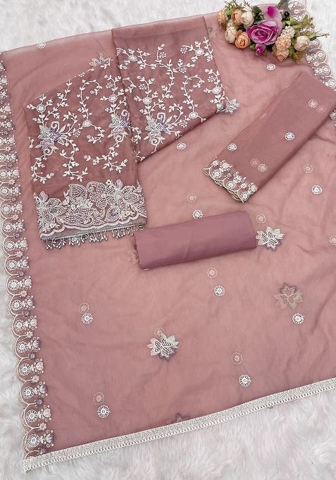 Peach Embroidered Organza Kurta Set With Dupatta