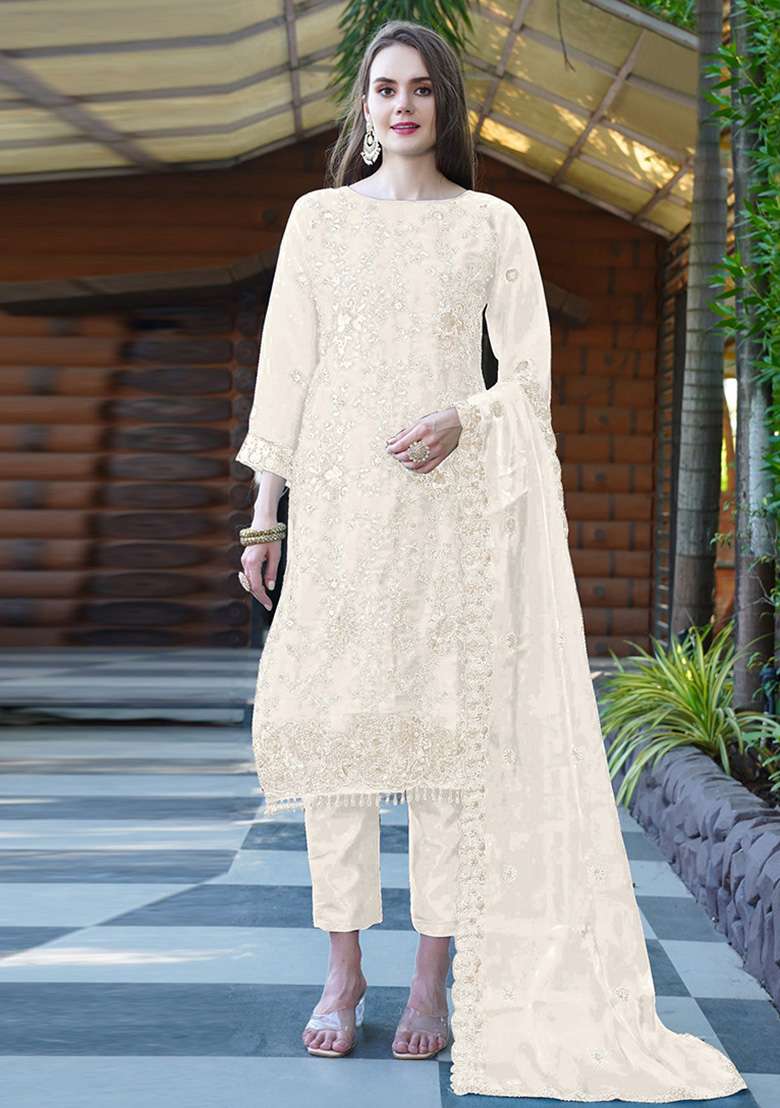 Off White Embroidered Organza Kurta Set With Dupatta - Indya