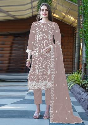 Beige Embroidered Organza Kurta Set With Dupatta