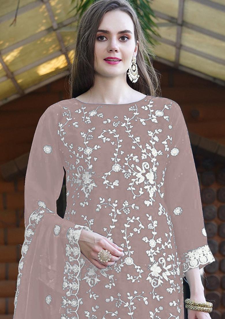Beige Embroidered Organza Kurta Set With Dupatta - Indya