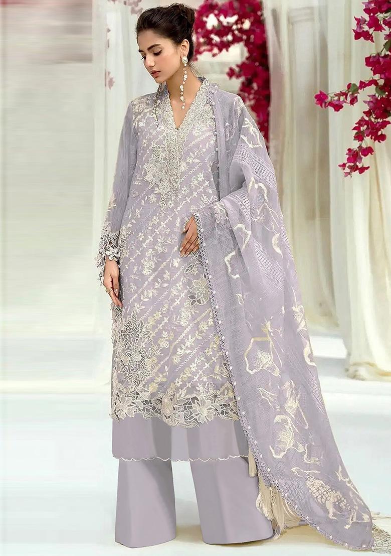 Lavender Embroidered Georgette Kurta Set With Dupatta - Indya