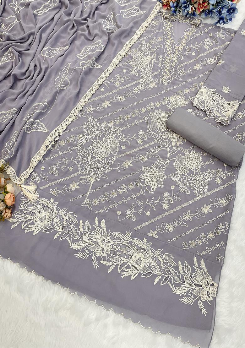 Lavender Embroidered Georgette Kurta Set With Dupatta - Indya