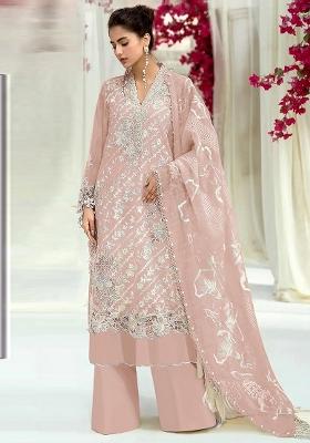 Peach Embroidered Georgette Kurta Set With Dupatta