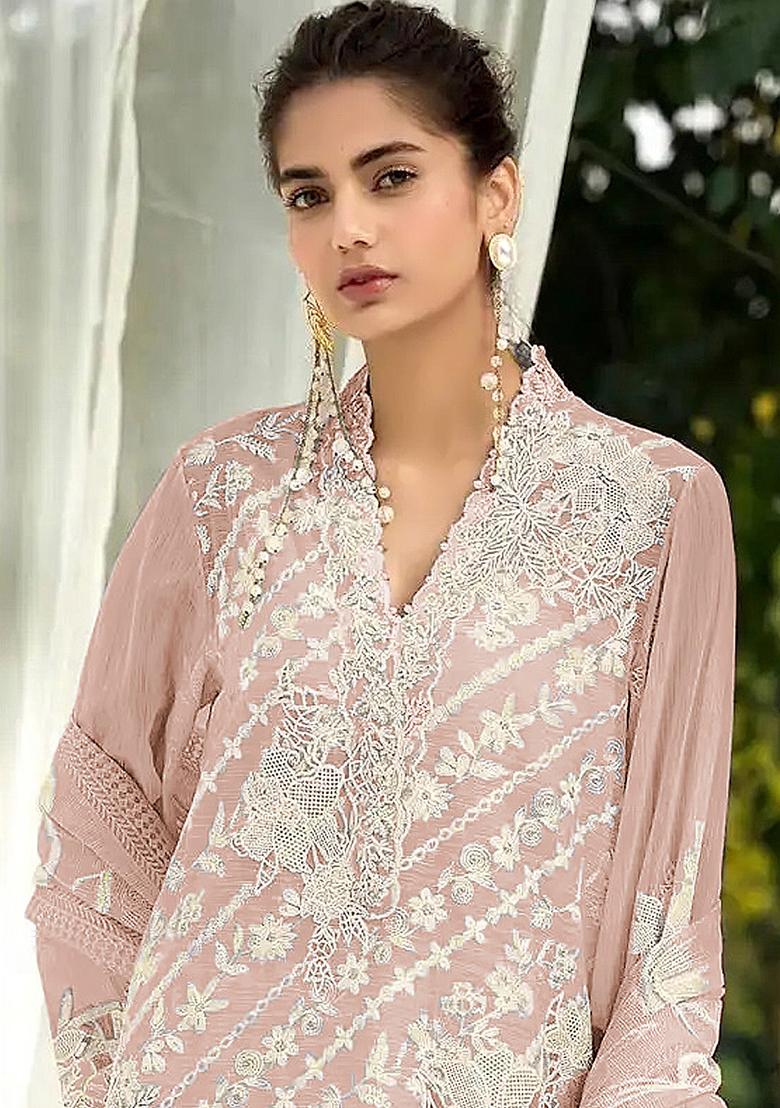 Peach Embroidered Georgette Kurta Set With Dupatta - Indya
