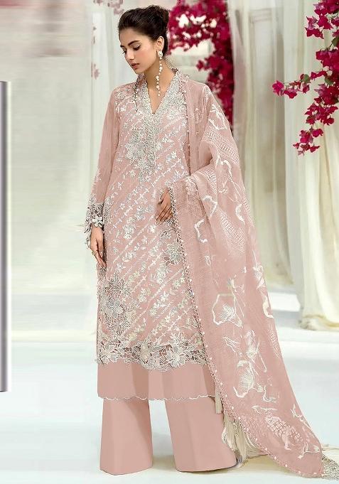 Peach Embroidered Georgette Kurta Set With Dupatta