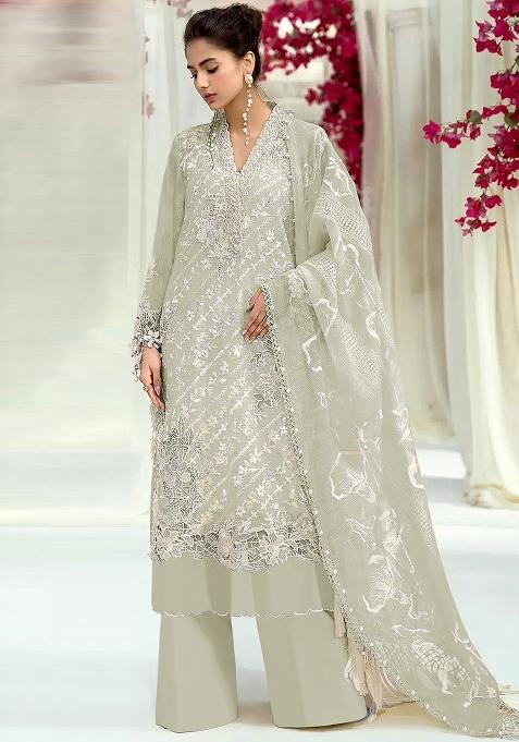 Pista Embroidered Georgette Kurta Set With Dupatta