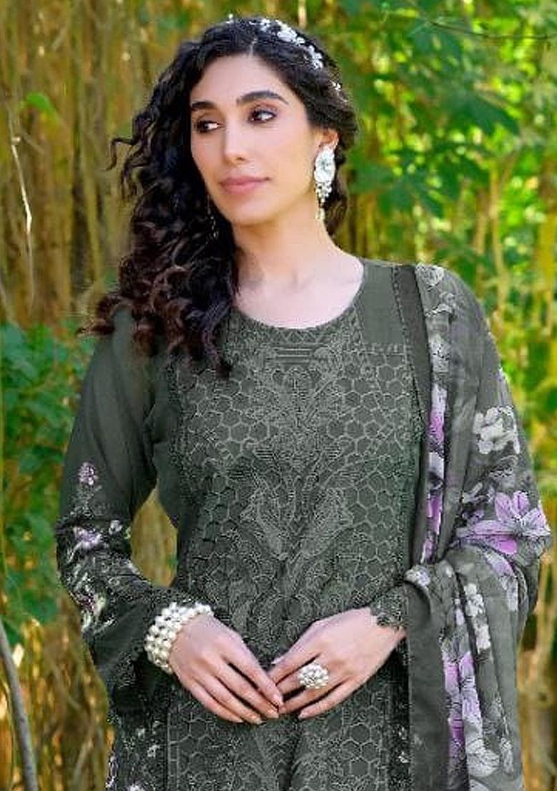 Grey Embroidered Georgette Kurta Set With Dupatta - Indya