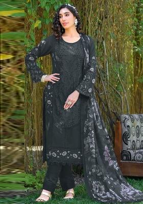 Black Embroidered Georgette Kurta Set With Dupatta