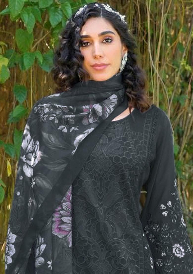 Black Embroidered Georgette Kurta Set With Dupatta - Indya