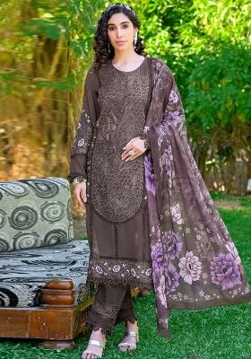 Brown Embroidered Georgette Kurta Set With Dupatta