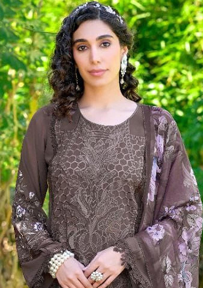 Brown Embroidered Georgette Kurta Set With Dupatta - Indya