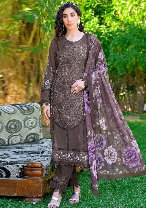 Brown Embroidered Georgette Kurta Set With Dupatta