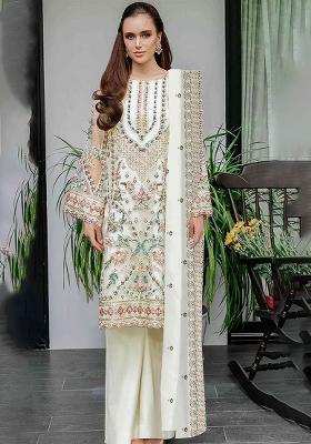 White Embroidered Georgette Kurta Set With Dupatta
