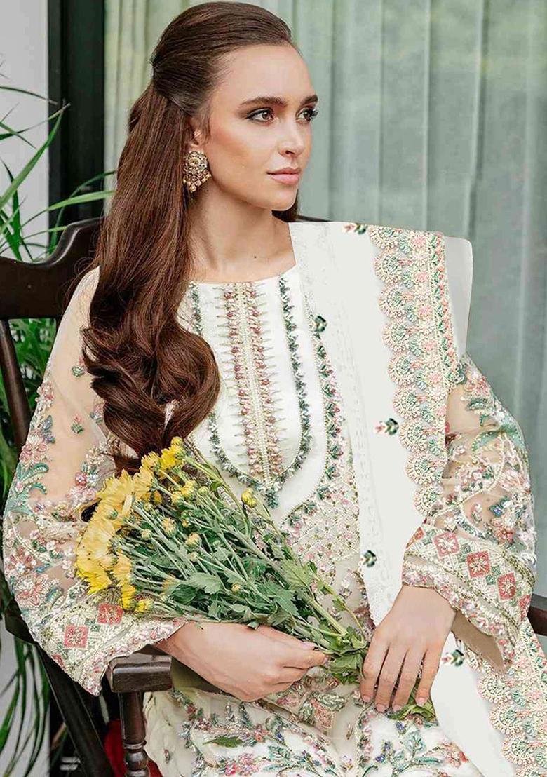 White Embroidered Georgette Kurta Set With Dupatta - Indya