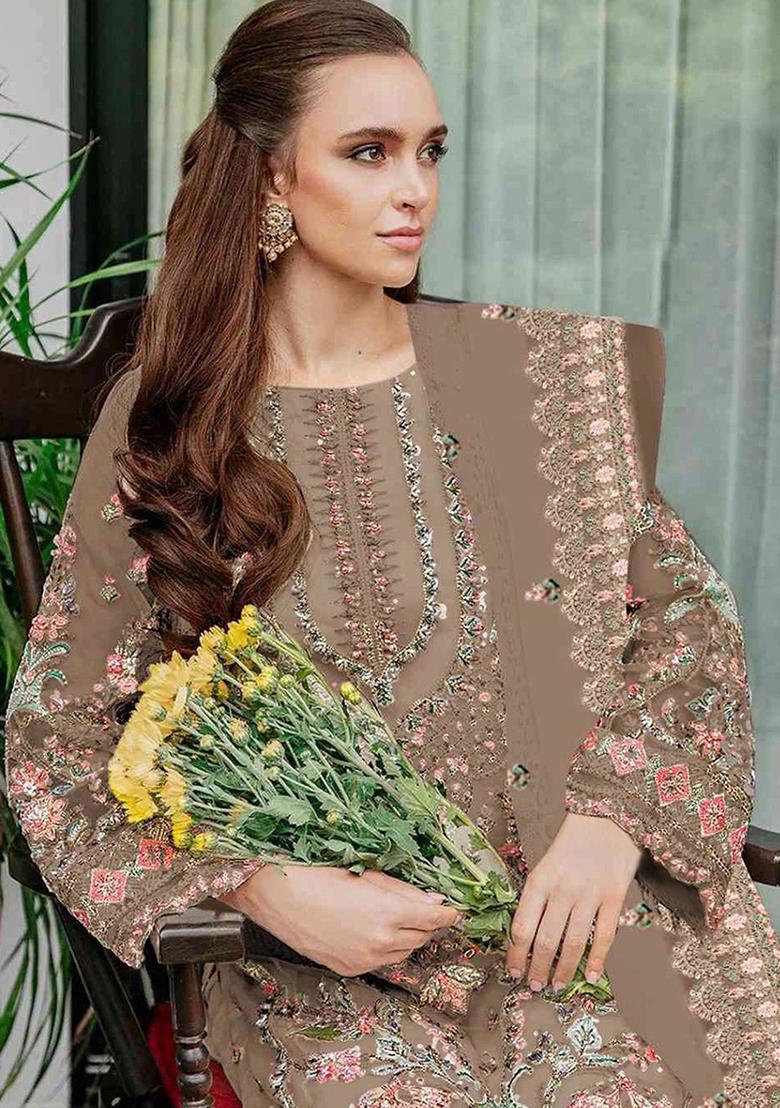 Brown Embroidered Georgette Kurta Set With Dupatta - Indya