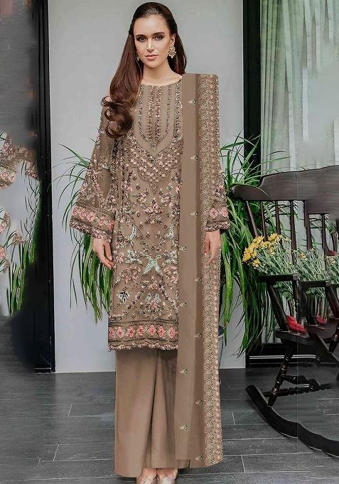 Brown Embroidered Georgette Kurta Set With Dupatta