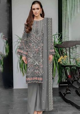 Grey Embroidered Georgette Kurta Set With Dupatta