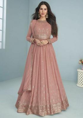 Beige Embroidered Blended Anarkali Set