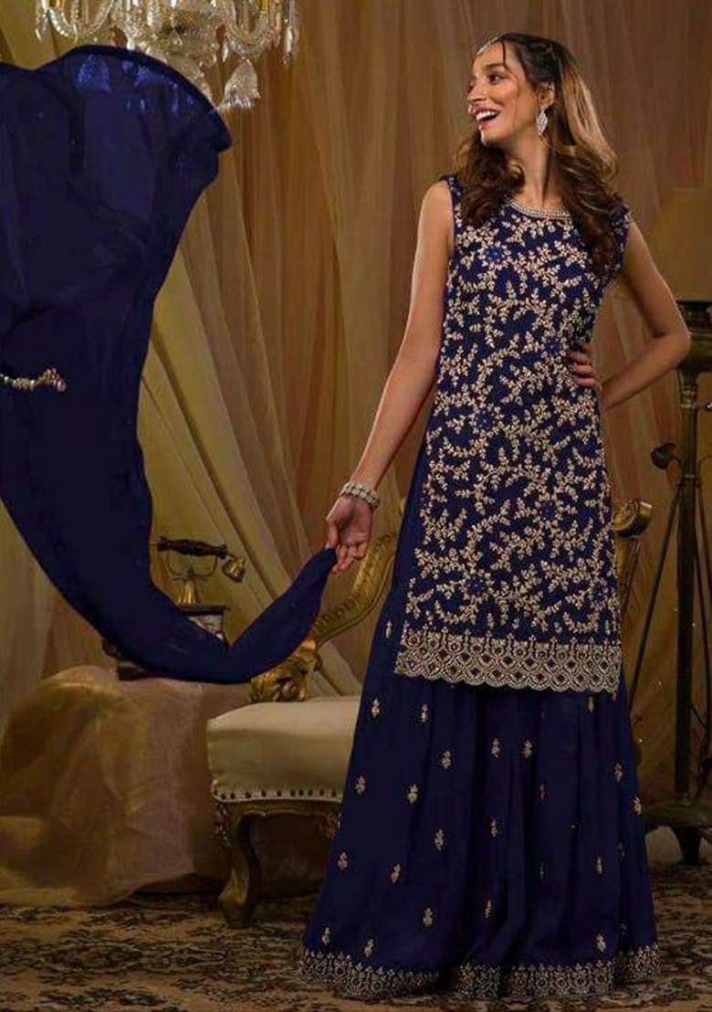 Blue Embroidered Blended Sharara Set - Indya