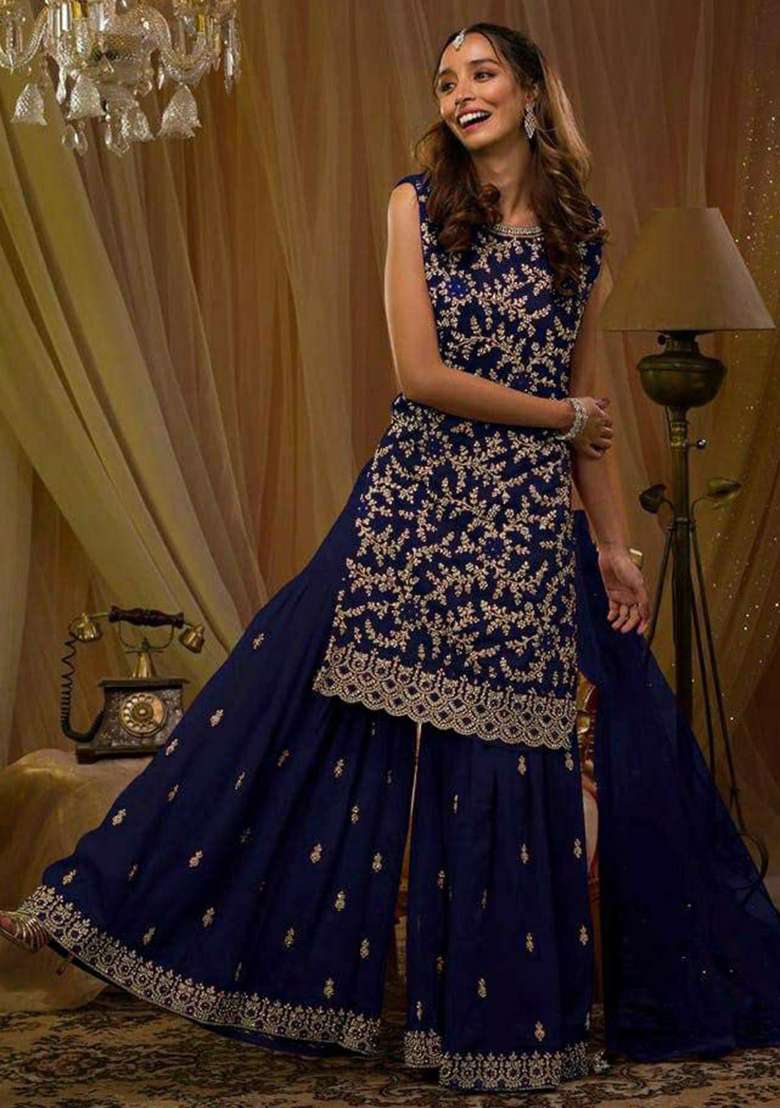 Blue Embroidered Blended Sharara Set - Indya