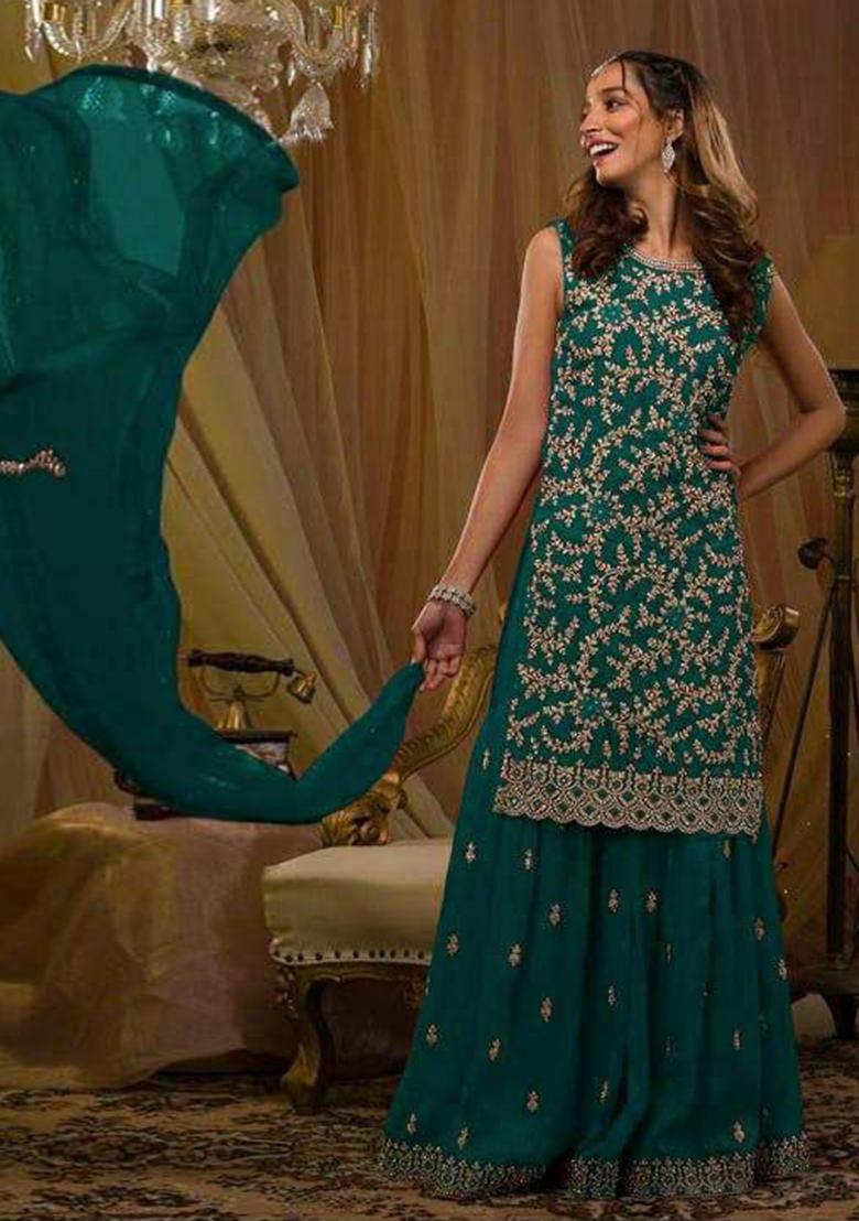 Dark Green Emboridery Blended Anarkali Salwar Kameez