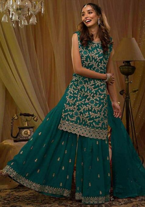 Dark Green Emboridery Blended Anarkali Salwar Kameez