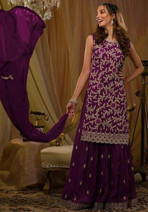 Purple Emboridery Blended Anarkali Salwar Kameez