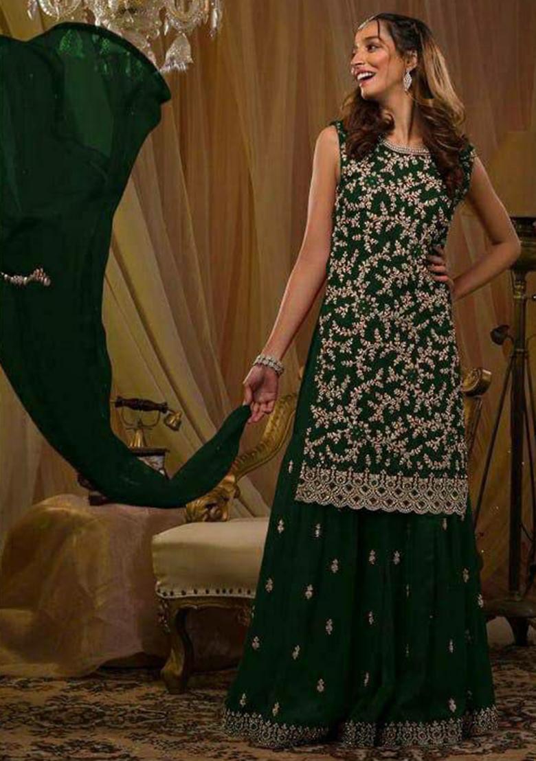 Dark Green Emboridery Blended Anarkali Salwar Kameez