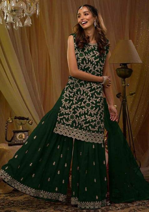 Dark Green Emboridery Blended Anarkali Salwar Kameez