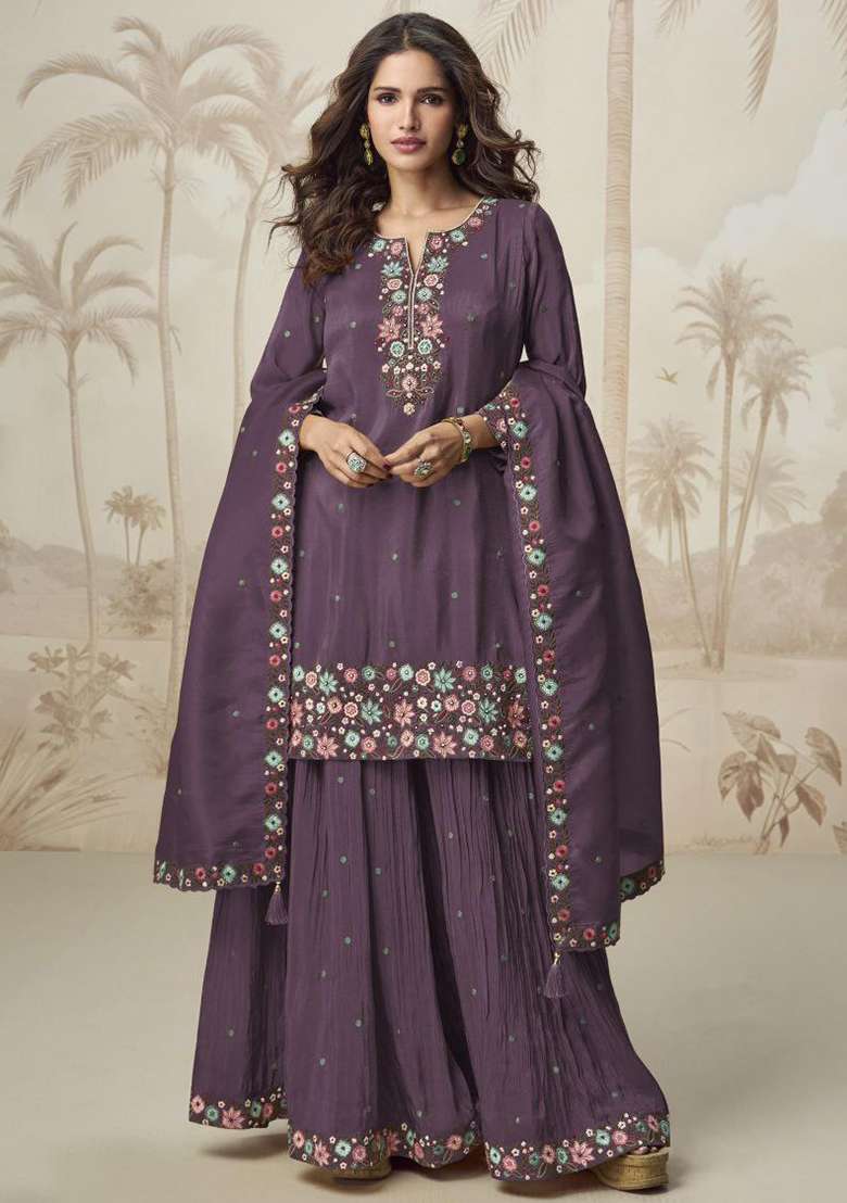 Purple Embroidered Blended Sharara Set - Indya