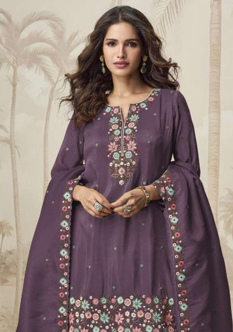 Purple Embroidered Blended Sharara Set - Indya