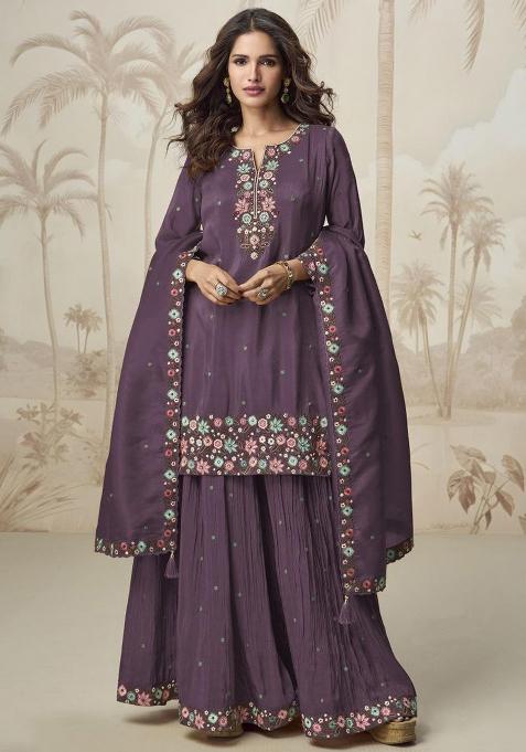 Purple Solid Blended Anarkali Salwar Kameez