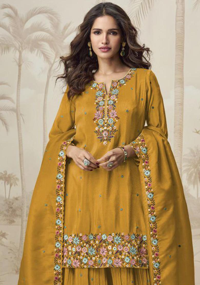 Yellow Solid Blended Anarkali Salwar Kameez