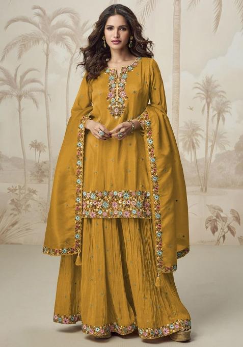 Yellow Solid Blended Anarkali Salwar Kameez