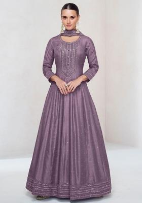 Lavender Embroidered Blended Anarkali Set